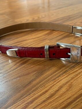Vintage Brighton Red Croc-Embossed Leather Belt with Silver Buckle